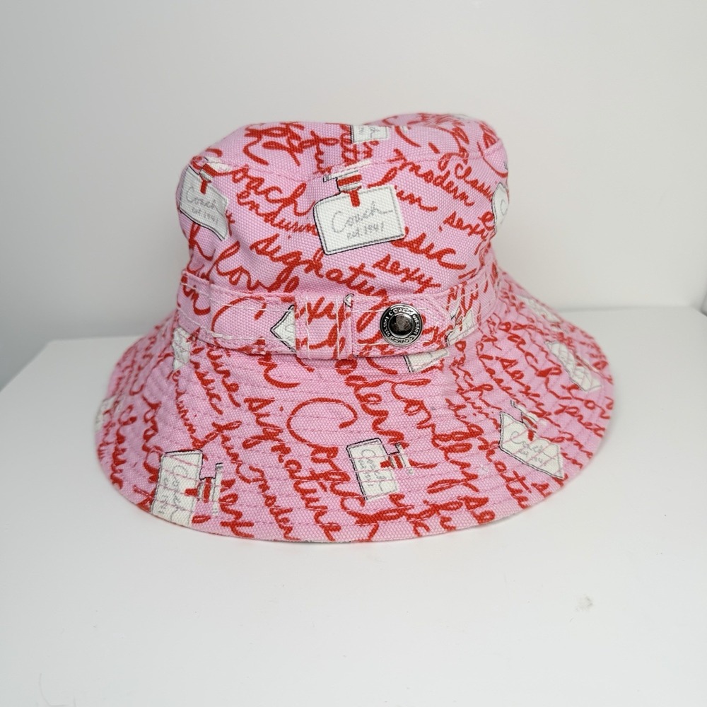 Coach Bucket Hat Pink Red Script Perfume Bottle Print Womens P/S Cotton Hat
